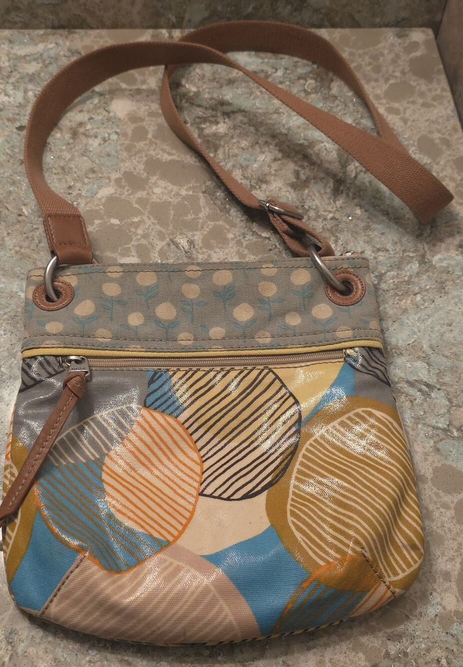 Fossil Key Per Shoulder Cross Body Bag Purse Coated Canvas Circles
